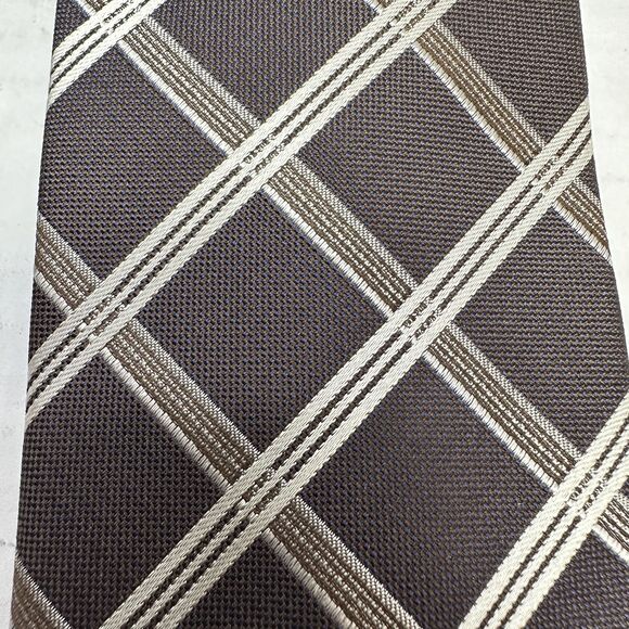Bugatchi Men's Tie, 100% Silk Italy - Brown Grey Silver Geometric Stripe - Picture 3 of 9